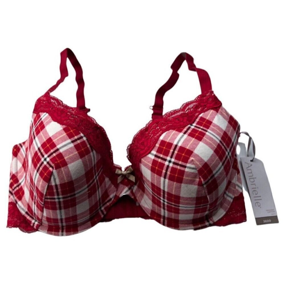 Ambrielle Organic Cotton Demi Classic Racerback Red Plaid Bra Size 38DD - Picture 7 of 11